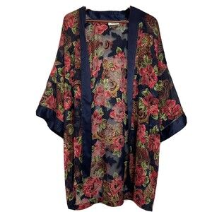 Victoria’s Secret Gold Label Floral short Sheer Robe OSFM navy red VINTAGE flaw